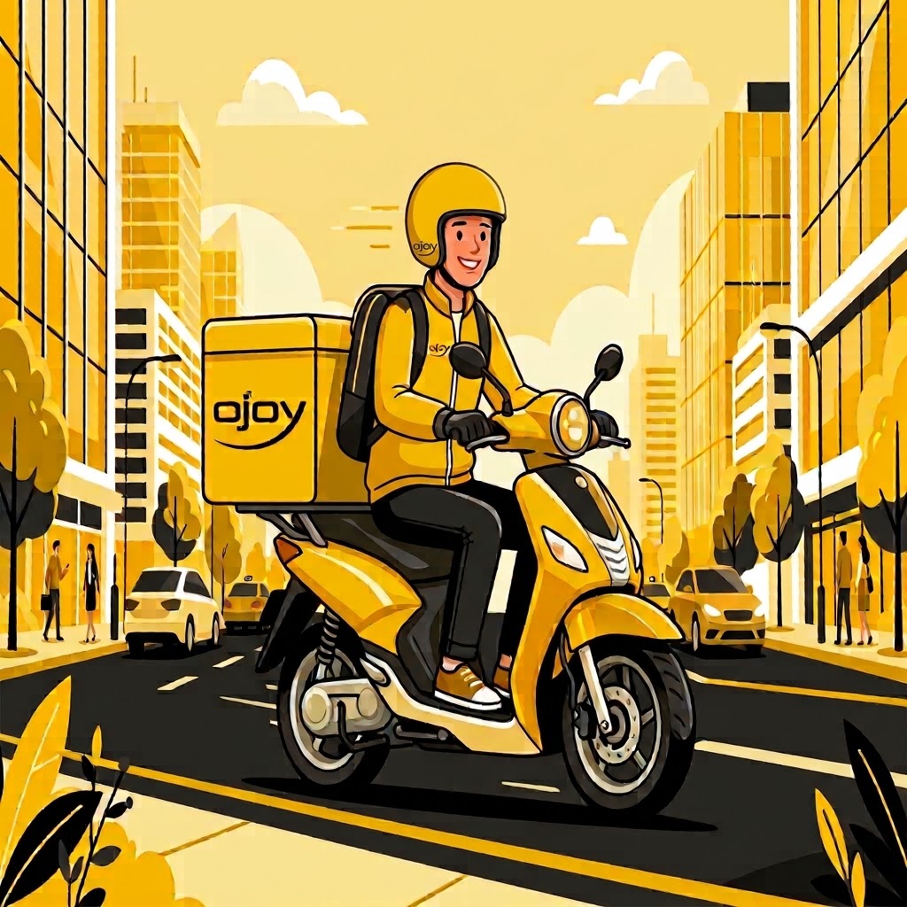 Entregador de moto com um baú da Ojoy na garupa, na rua