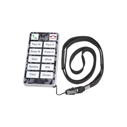 Celular preso a um cordão de pescoço preto